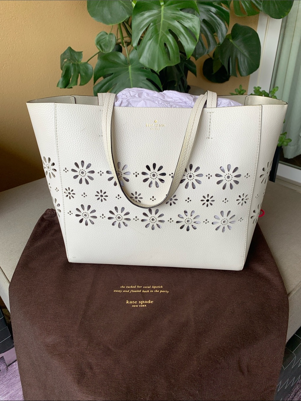 kate spade White Floral Laser-Cut Pebbled Leather Tote.